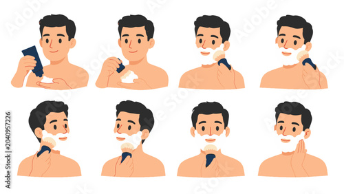 Billede på lærred Man applying shaving cream and shaving beard step by step