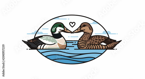 Two ducks in love, with beaks touching and a heart above, swim in the water
