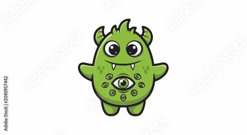 Cute cartoon green monster with horns, large eyes, and multiple small eyes