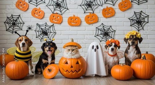 A group of cute dogs and a cat dressed in halloween costumes sitting with pumpkins and decorations against a white brick wall