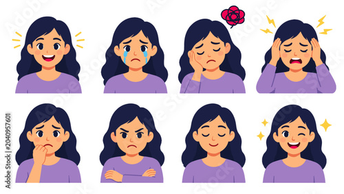 Tablou pe pânză Set of woman facial expressions in flat cartoon vector style