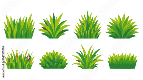 Принти на полотні Set of green grass and leafy bush elements in flat vector style