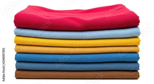 Stacked colorful folded towels on white background