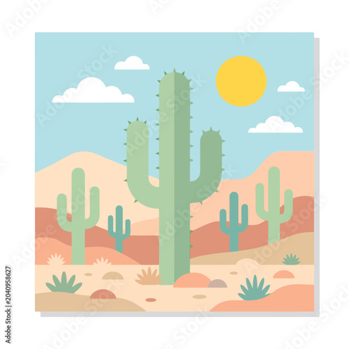 A flat vector illustration of a sunny desert landscape with cacti