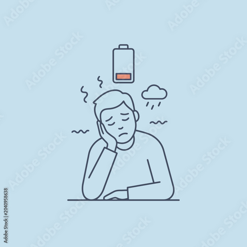A tired person feeling exhausted with a low battery icon above
