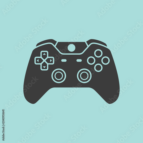 A dark gray video game controller icon on a light blue background