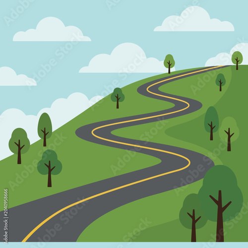 A winding road travels through a peaceful green grassy hill landscape