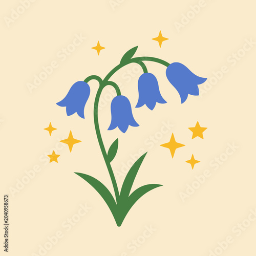 A simple illustration of blue bell flowers with yellow stars