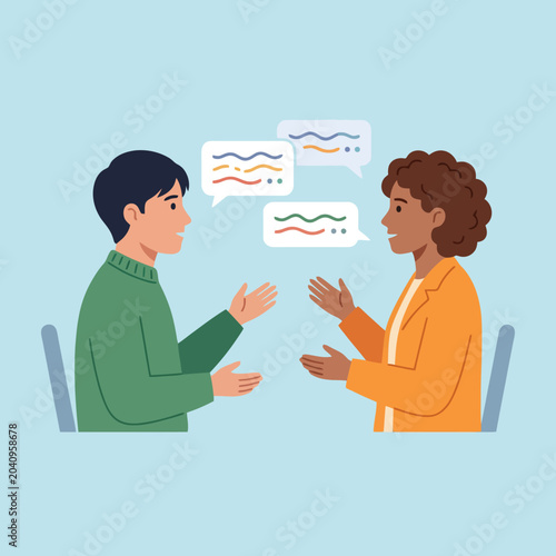 Two people are having a friendly conversation in an office setting