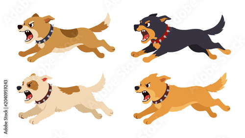 Photos Set of angry barking dogs in running pose vector illustration