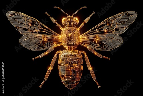 Robotic insect with golden circuitry and microchips in sharp macro focus for technology and artificial intelligence branding