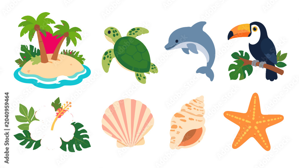 Fototapeta premium Tropical island and marine animal cartoon vector icon set
