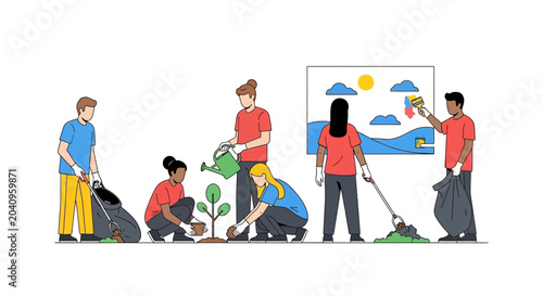 Canvas Print Community planting trees and cleaning environment, teamwork for sustainability