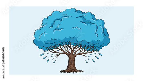 Canvas Print Abstract tree with blue foliage shedding water droplets