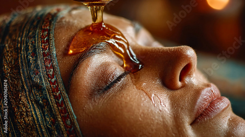 A woman finds mental clarity and inner peace in a Shirodhara ritual, as warm oil on her third eye inspires spiritual renewal. Ideal for wellness concepts.