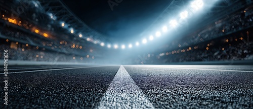 Illuminated stadium with empty field under bright floodlights at night