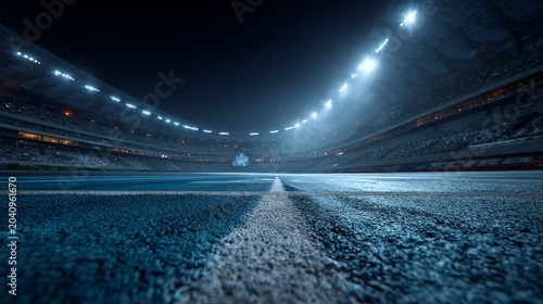 Illuminated sports stadium at night with empty running track