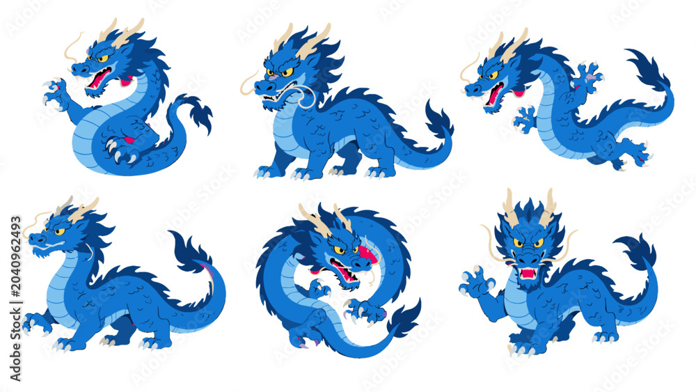 Naklejka premium Set of blue dragon characters in different cartoon poses