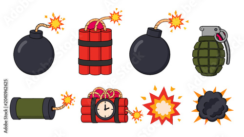 Картината върху платно Cartoon bomb, dynamite, grenade and explosion vector set