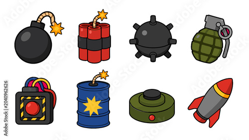 Fotografía Cartoon explosive and military device icon set collection