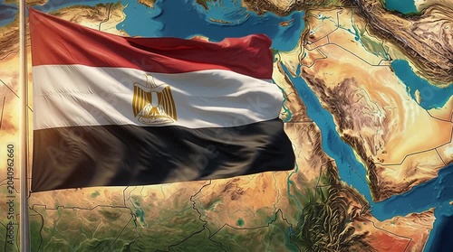 Egyptian flag over map of the Nile and desert — symbol of ancient civilization, pharaohs, and modern national pride
