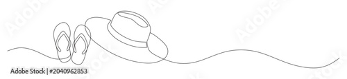 Foto A minimalist continuous line art illustration depicting a straw hat or bowler hat and a pair of flip flops on a white background