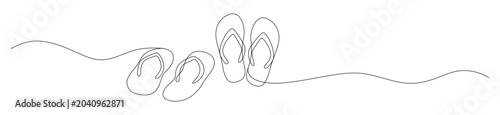 Foto A minimalist continuous line art illustration depicting two pairs of flip flops on a white background
