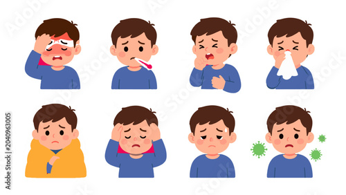 Foto Cartoon boy with common cold and flu symptom set