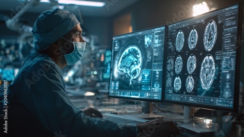 Medical professional analyzing brain scans on dual monitors in hospital