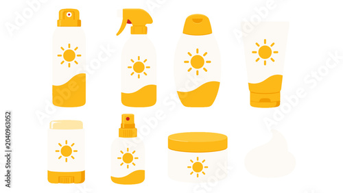 Foto Set of sunscreen and sun care cosmetic containers icons