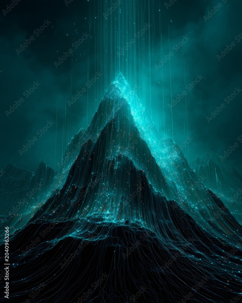 Obraz premium Glowing data mountain in dark teal digital landscape with abstract futuristic light and particle stream