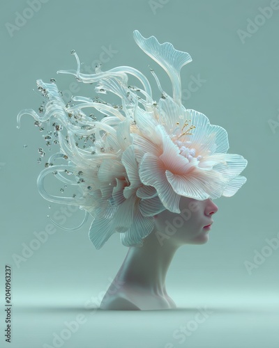 Hybrid human portrait, surreal flower headdress, pale profile head, delicate abstract sculpture, pastel blue background, elegant fantasy art