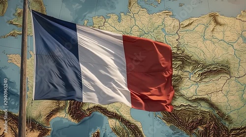 French flag over relief map of Europe — symbol of republic, geopolitical influence, and French cultural heritage