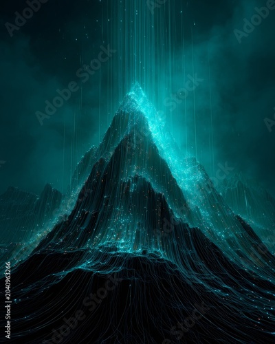 Glowing data mountain in dark teal digital landscape with abstract futuristic light and particle stream
