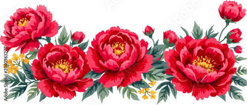 Red Peony Floral Border with Blooming Flowers and Green Foliage, Elegant Botanical Garland for Wedding Invitations and Greeting Cards