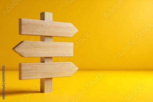 Wooden signpost with three directional arrow sign, minimal yellow background, empty copy space, rustic texture, navigation concept