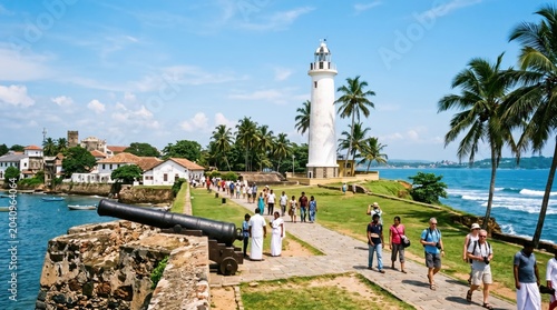 Galle fort lighthouse and ramparts with tourists sri lanka