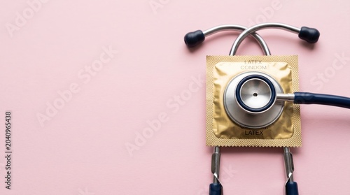 Stethoscope on condom package for health check