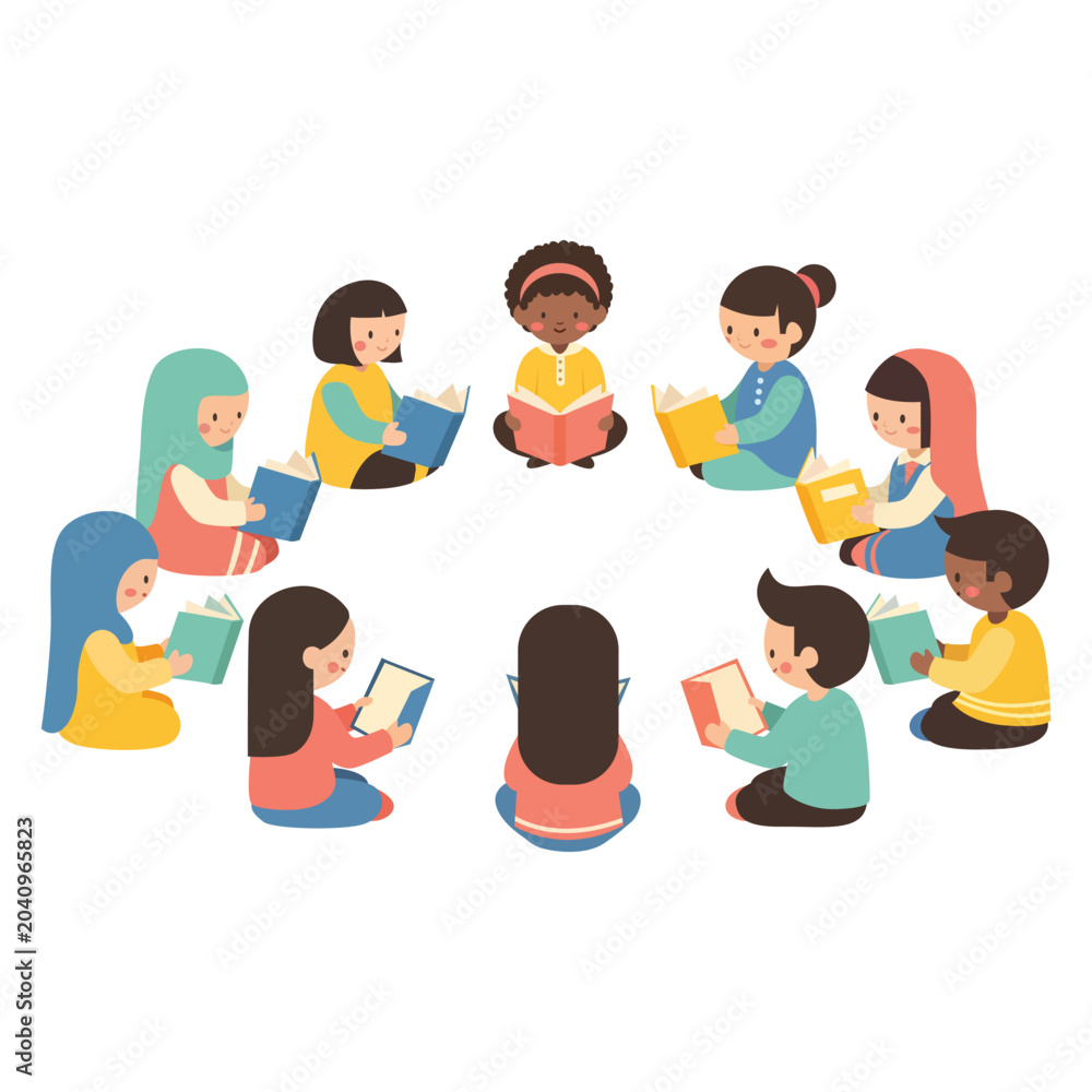 Fototapeta premium Diverse group of children sitting in a circle reading books, conveying a sense of community and learning in a bright, cheerful illustration against a clean white background