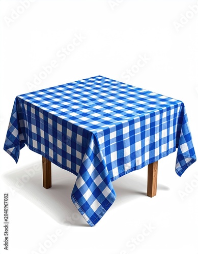 Blue and white checkered tablecloth draped over a square wooden table
