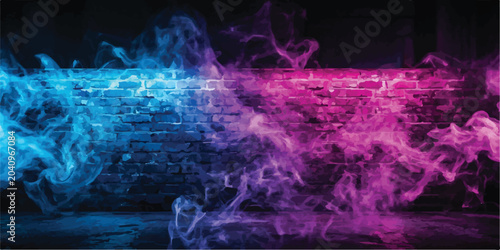Konstfotografi Dual tone blue and pink smoke against textured brick wall background with backgr