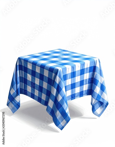 A square table draped with a blue and white checkered cloth