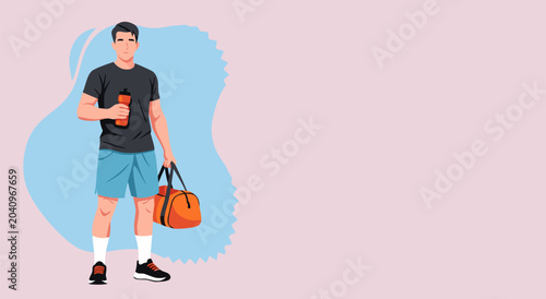 Canvastavla Energetic vector illustration of a fit young man, ready for a gym workout, holdi
