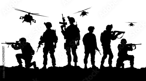 Bild auf Leinwand Silhouette background of a group of USA soldiers at war with gun rifle and helicopter