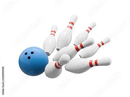 Cuadro en lienzo Bowling ball strike with flying pins, on transparent background.