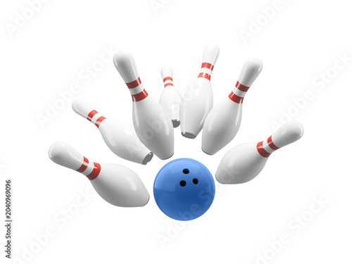Принти на полотні Bowling ball strike with flying pins, on transparent background.