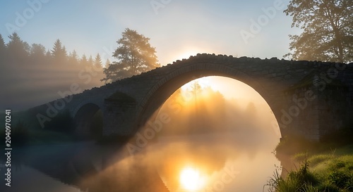 Sunlit stone bridge over misty water, soft dawn light filtering through trees © Angler