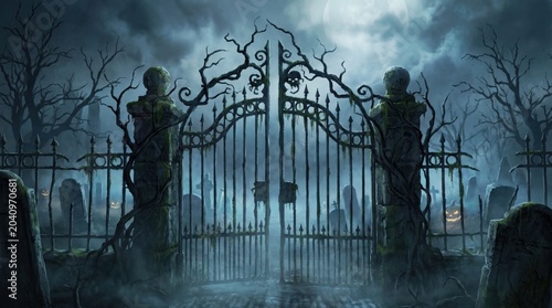 Spooky gothic cemetery gates wrapped in gnarly vines under a misty moonlight sky, eerie graveyard background with tombstones, ideal for Halloween themes and horror-themed commercial designs.