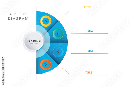 ABCD Business Diagram Infographic Template. Blue semicircle business infographic diagram with four sections, letters, title lines, and clean presentation layout.