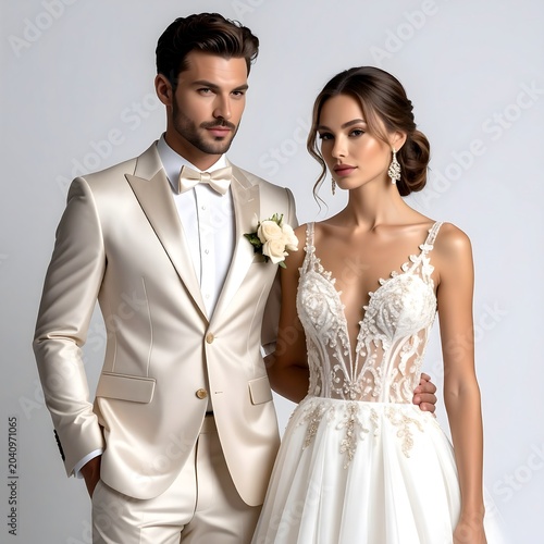 Couple in formal attire posing together.